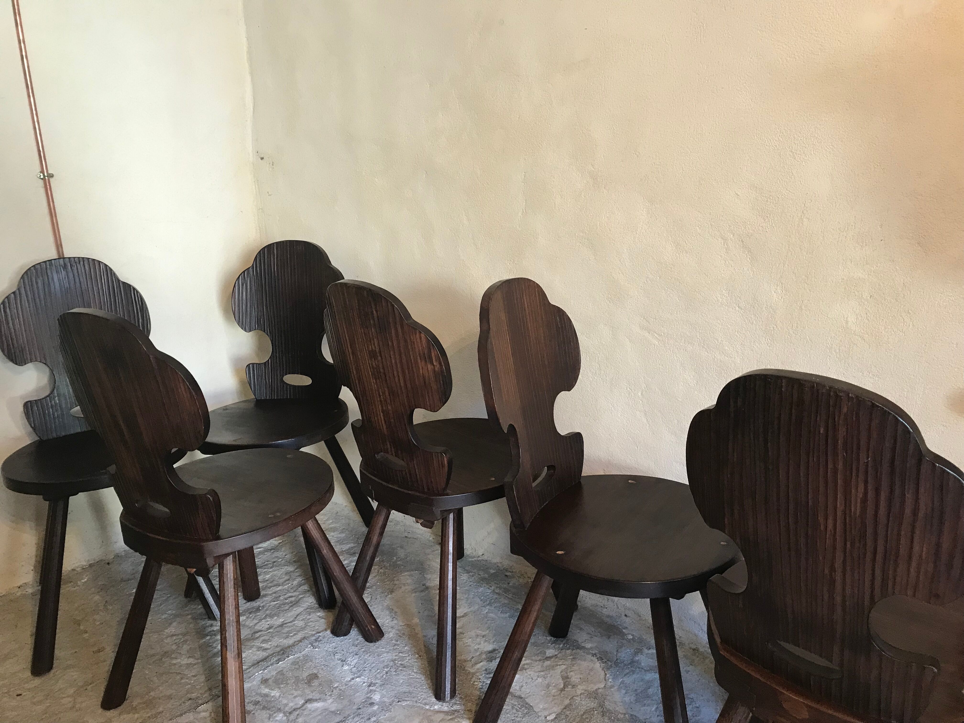 Set of 6 vintage brutalist solid wood chairs