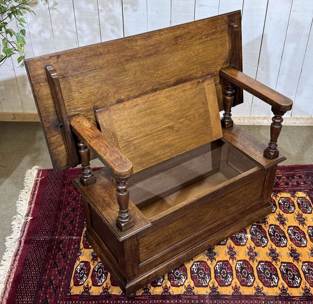 English oak bank safe from the 1930s that can serve as a console.