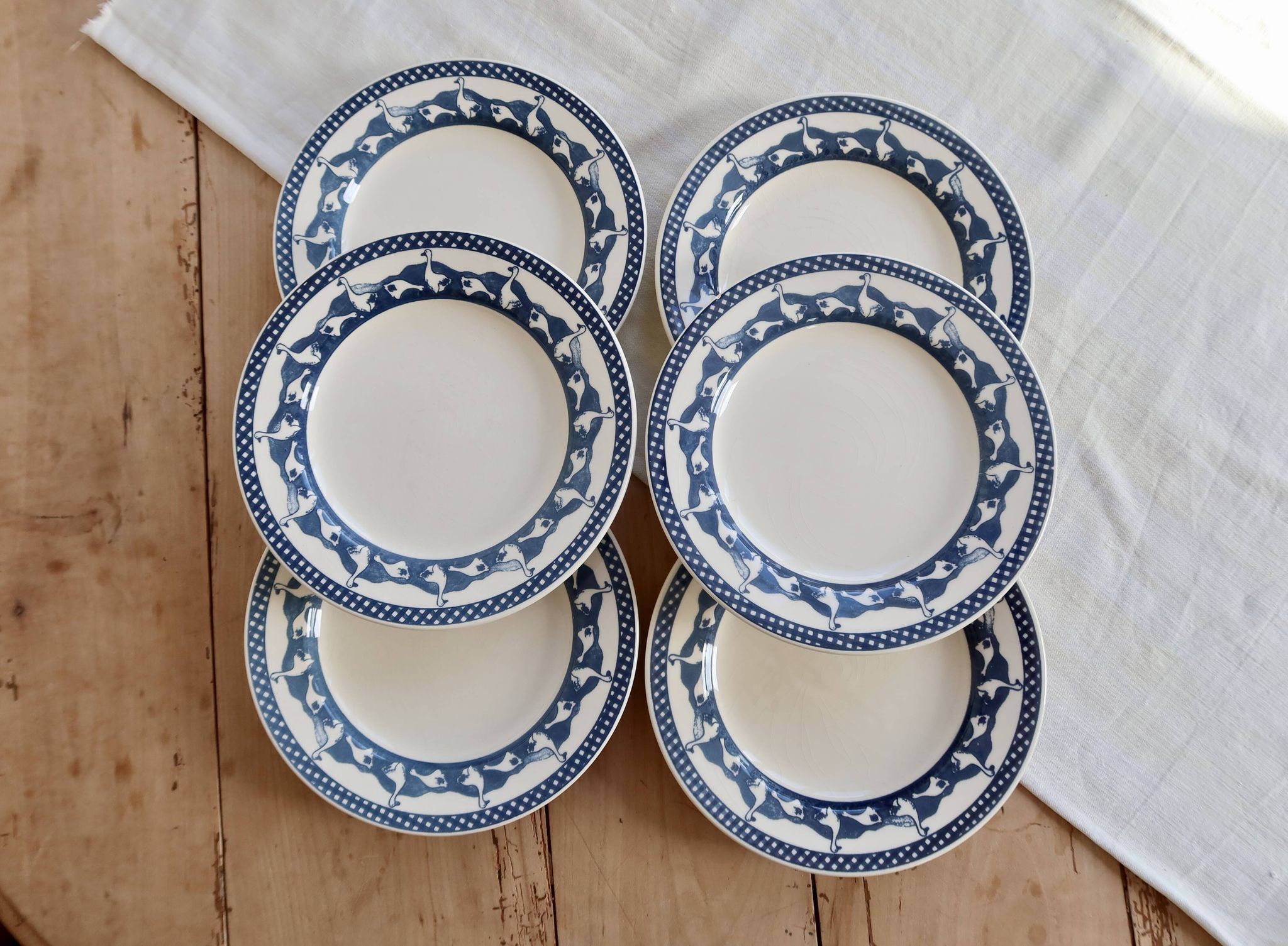 6 assiettes plates vintage motif oies bleu et blanc
