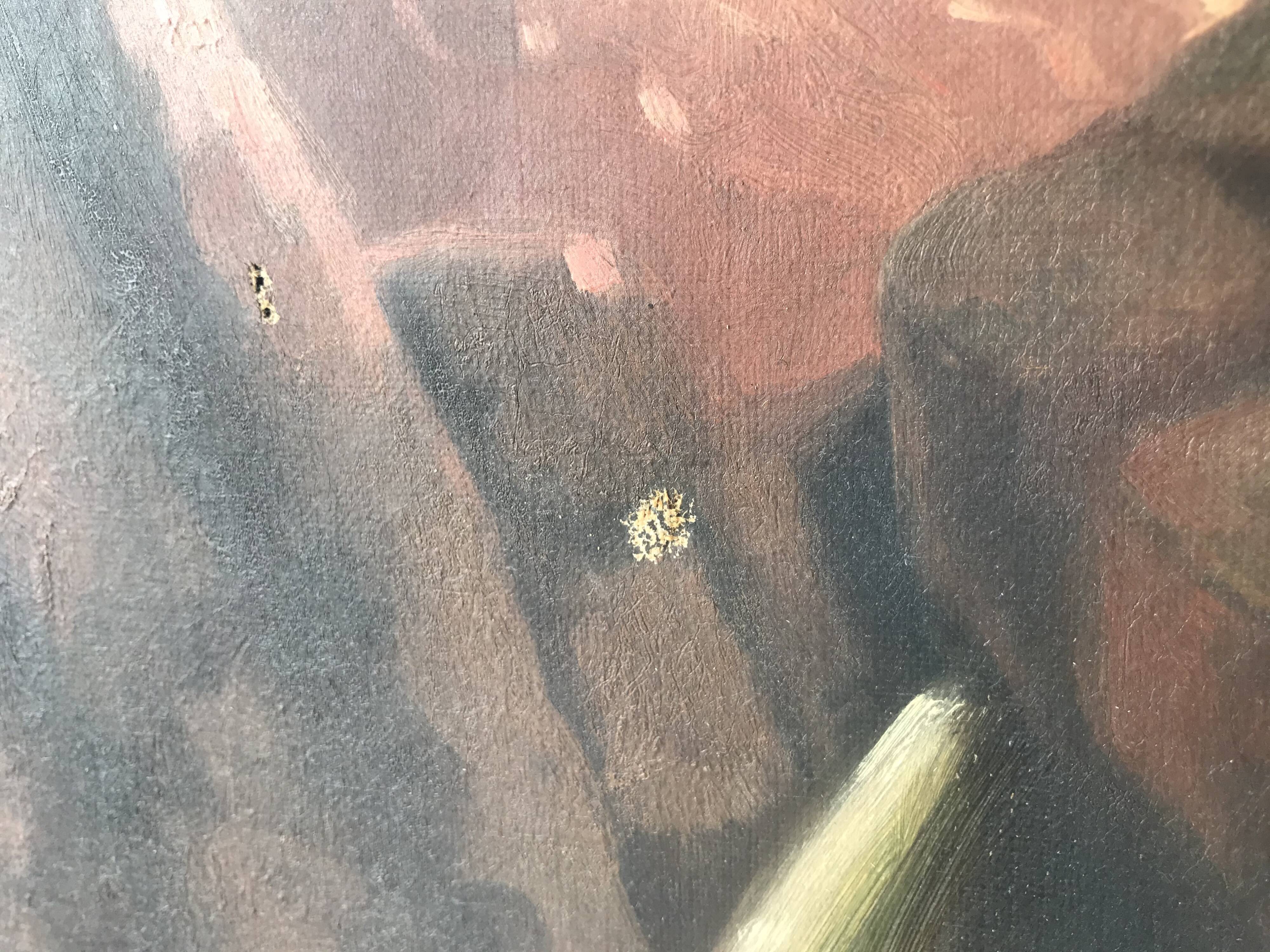 Ancient oil on canvas painting North American waterfall landscape