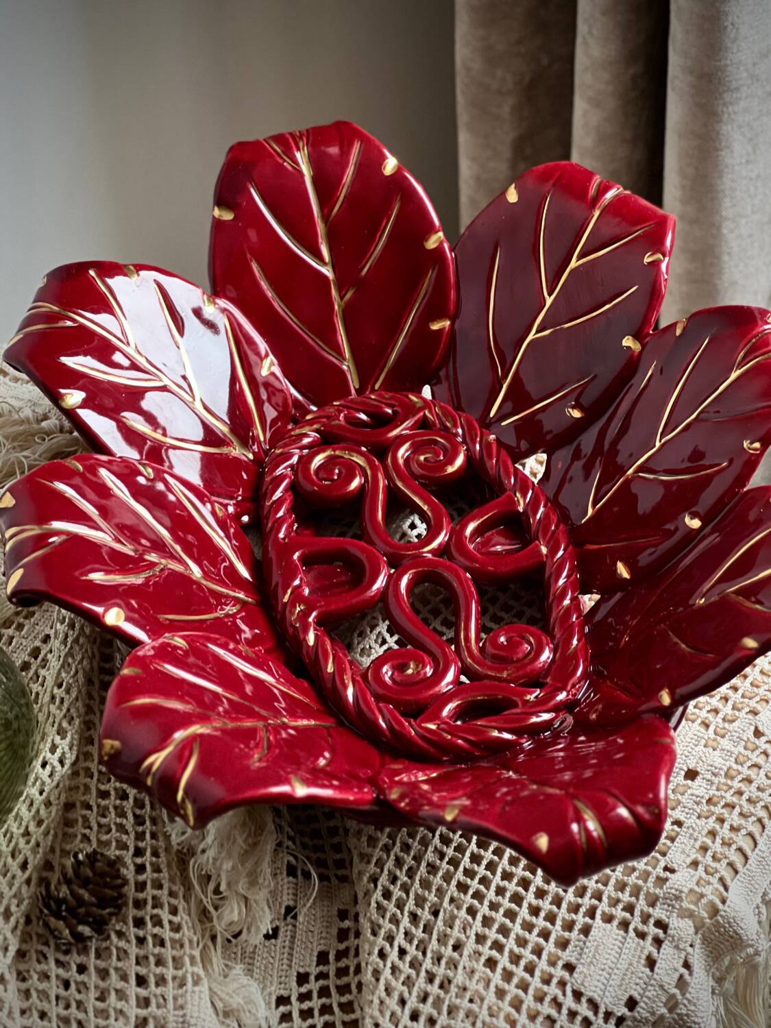 Woven ceramic basket with petals in oxblood slip / baroque style, eclectic