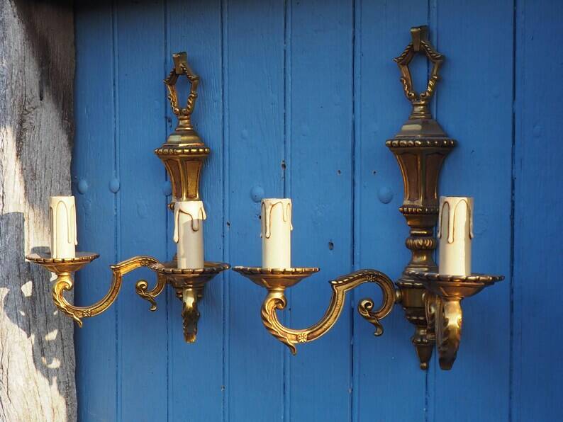 French Bronze Wall Sconces: Pair of 2-Branch Lights, C1950s