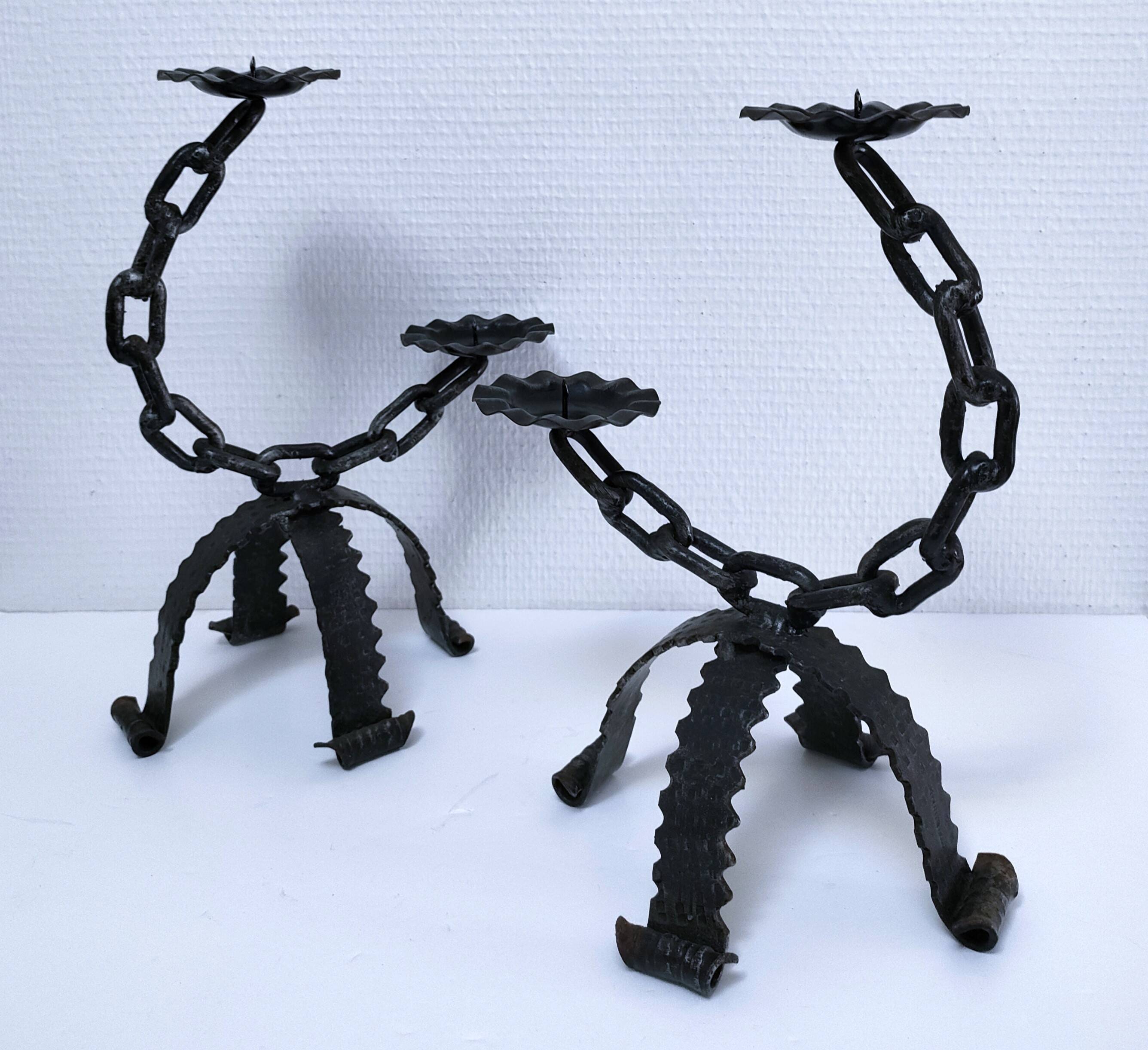 Pair of brutalist 60s metal chain candle holders