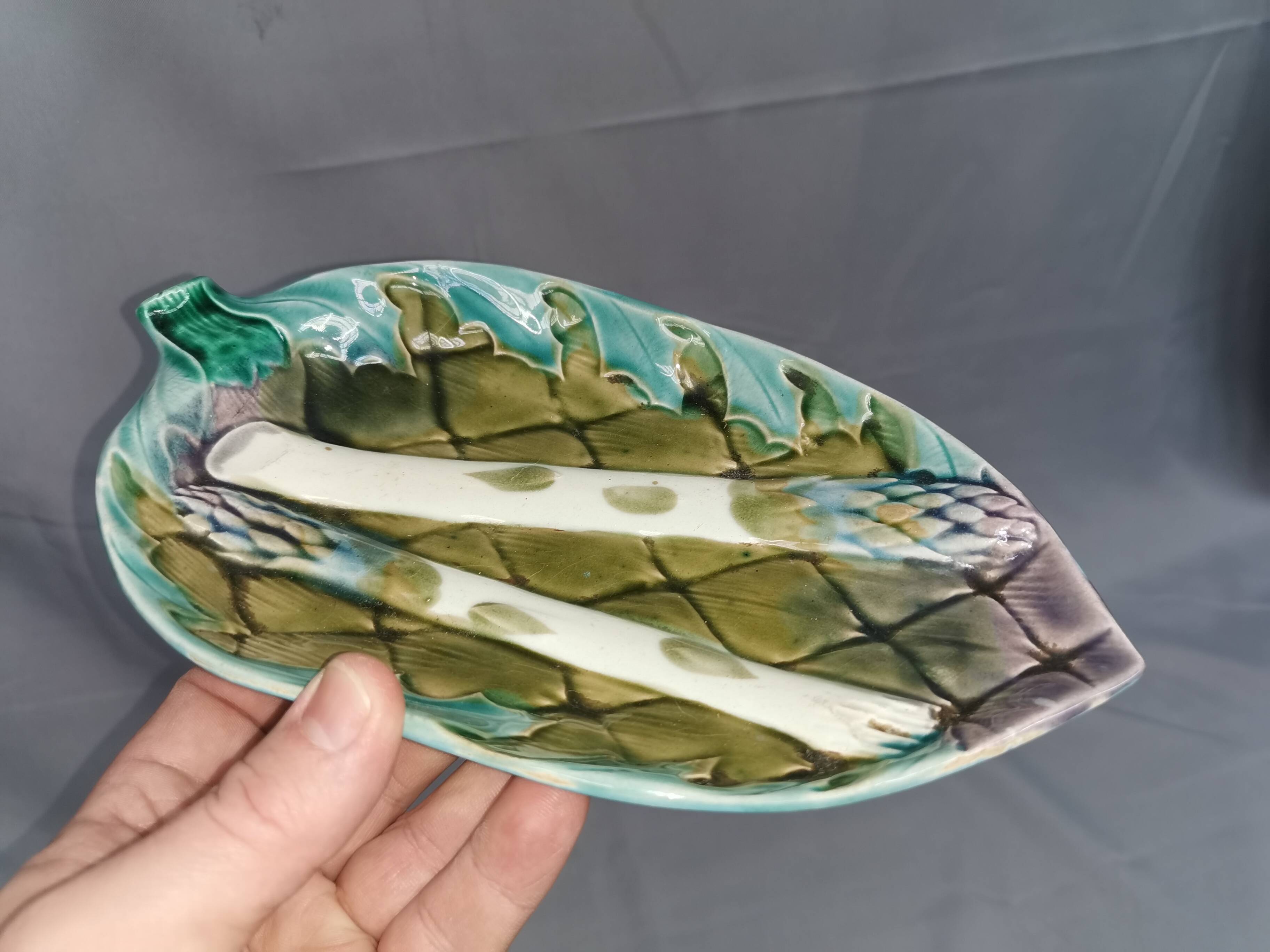 Old asparagus / artichoke dish. majolica barbotine luneville