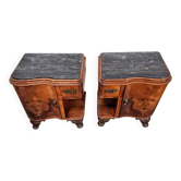 Paire de tables de chevet Art Deco en noyer avec dessus en marbre Nero Portoro