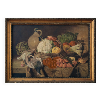 Nature morte aux pigeons peintre du 19ème siècle huile sur toile
