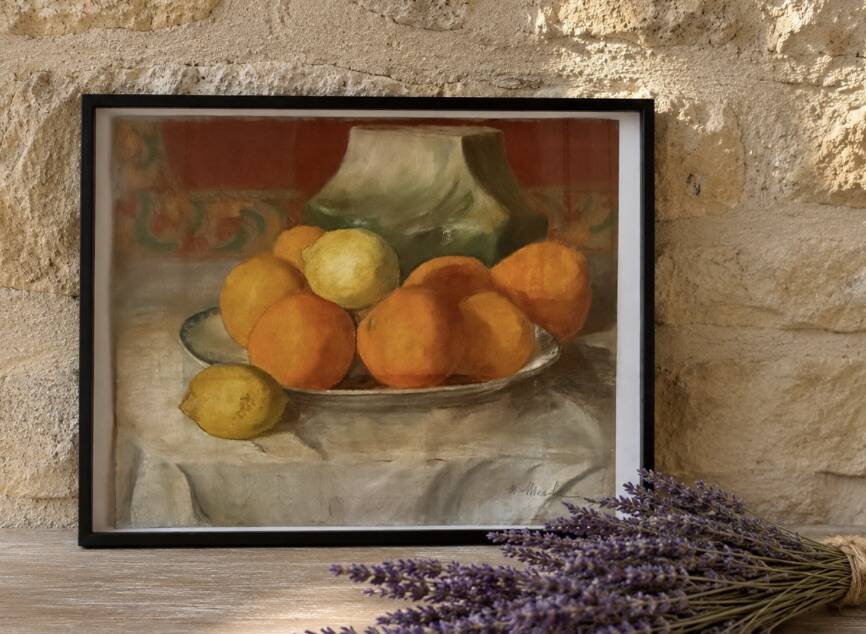 Old painting pastel still life with citrus fruits