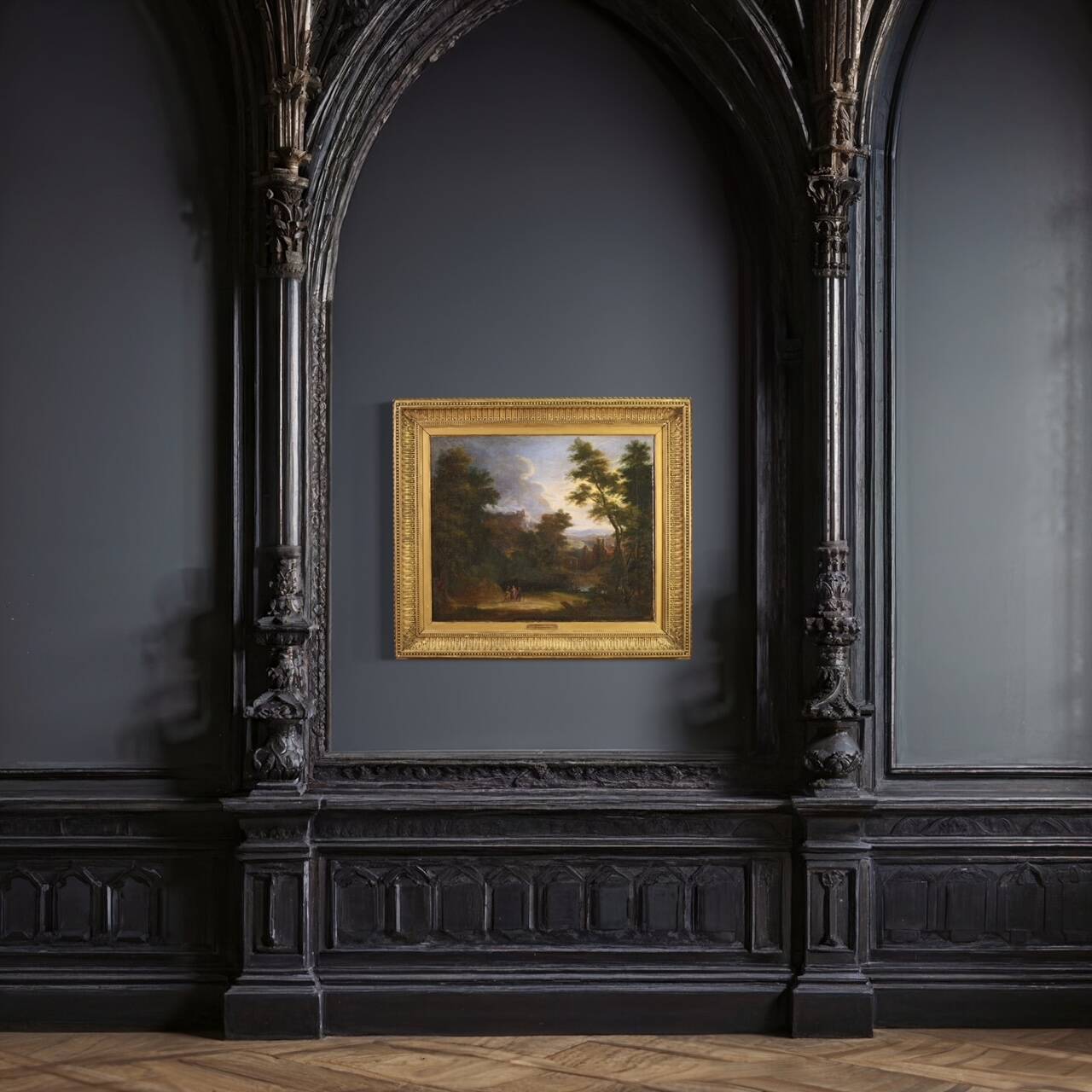 Flemish painting landscape with figures from the 17th century, the apparition of Jesus