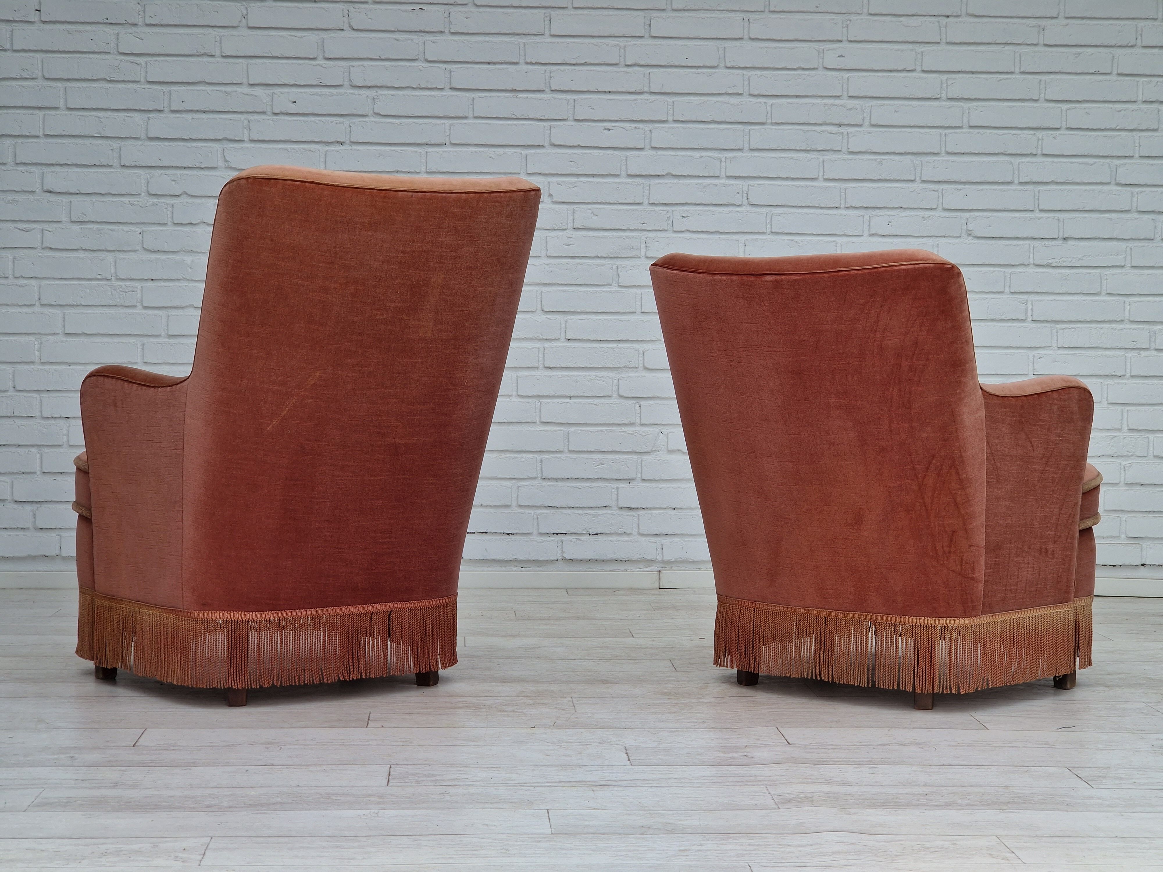 1970s, Danish set of two velour armchairs, original condition, beech wood.