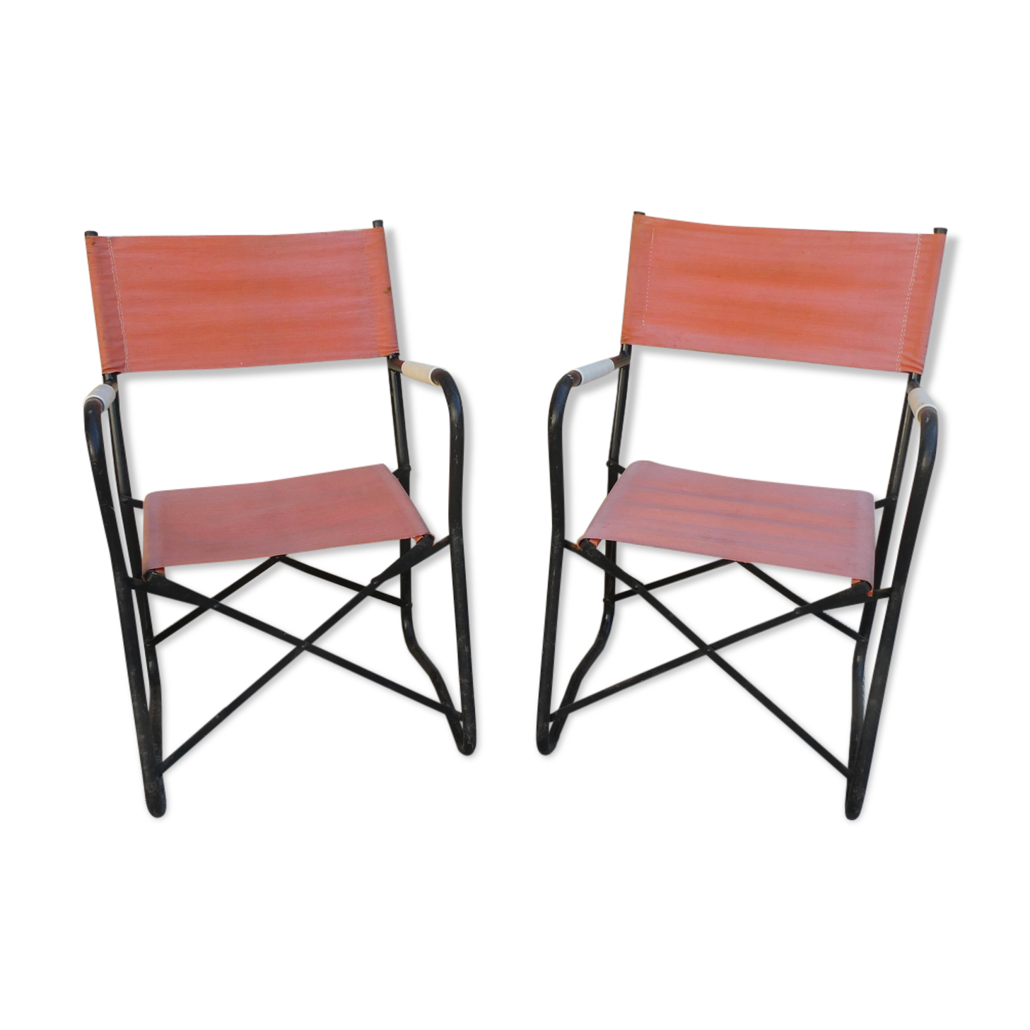 Pair of folding armchairs in metal and fabric 60s