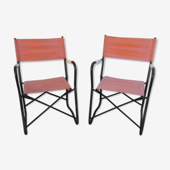 Pair of folding armchairs in metal and fabric 60s