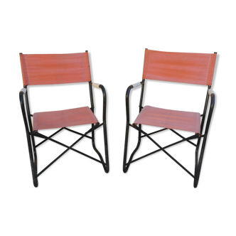 Pair of folding armchairs in metal and fabric 60s