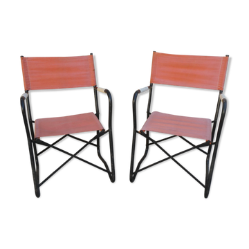 Pair of folding armchairs in metal and fabric 60s