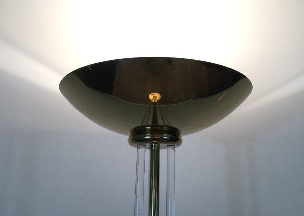 Designer floor lamp in gilded brass and plexiglass
