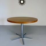 Old round table in solid wood and metal, vintage 70s design