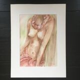 Female nude watercolor with necklace