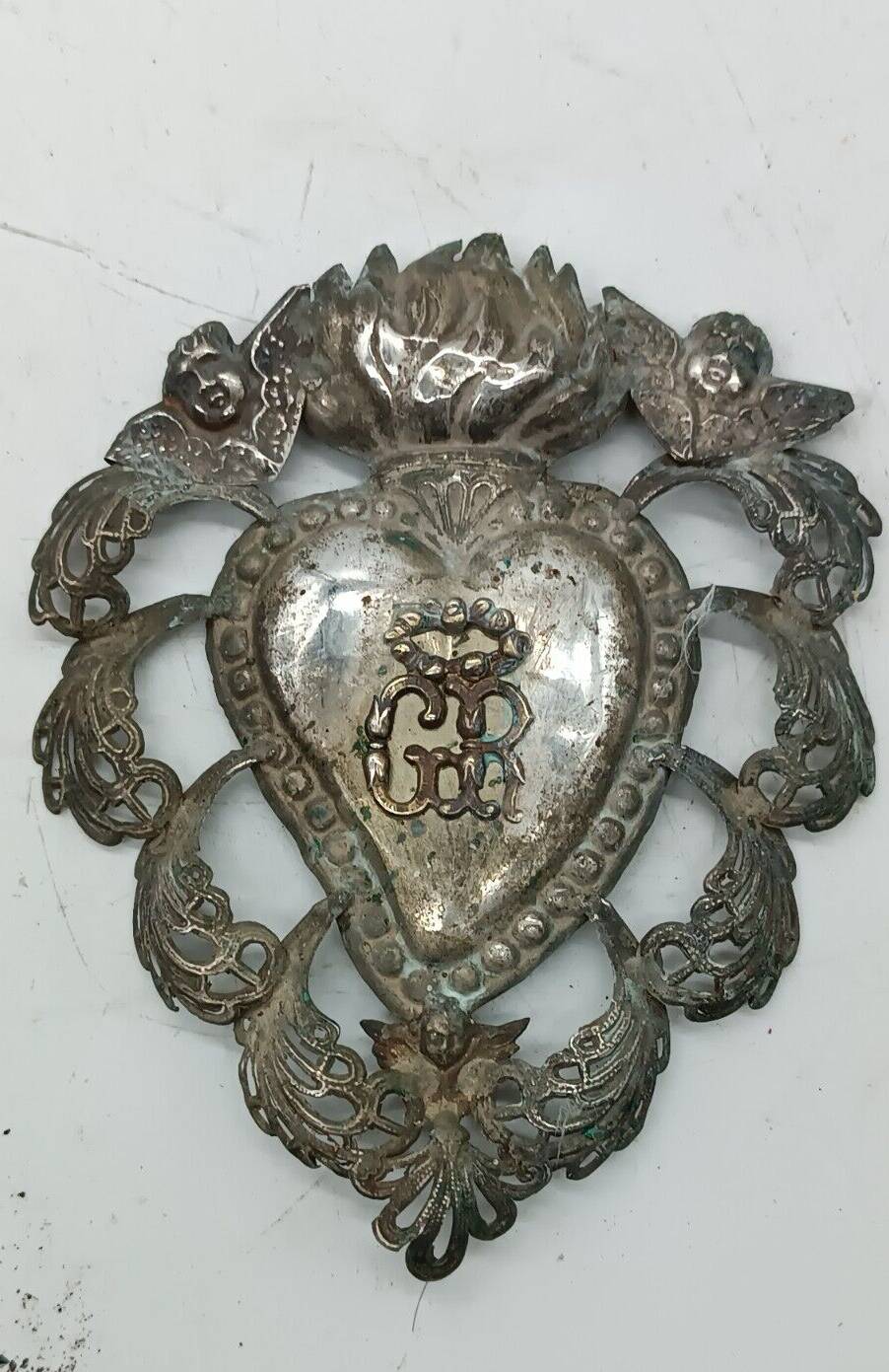 Grand ex voto coeur argent 15 cm antique italien grace reçu