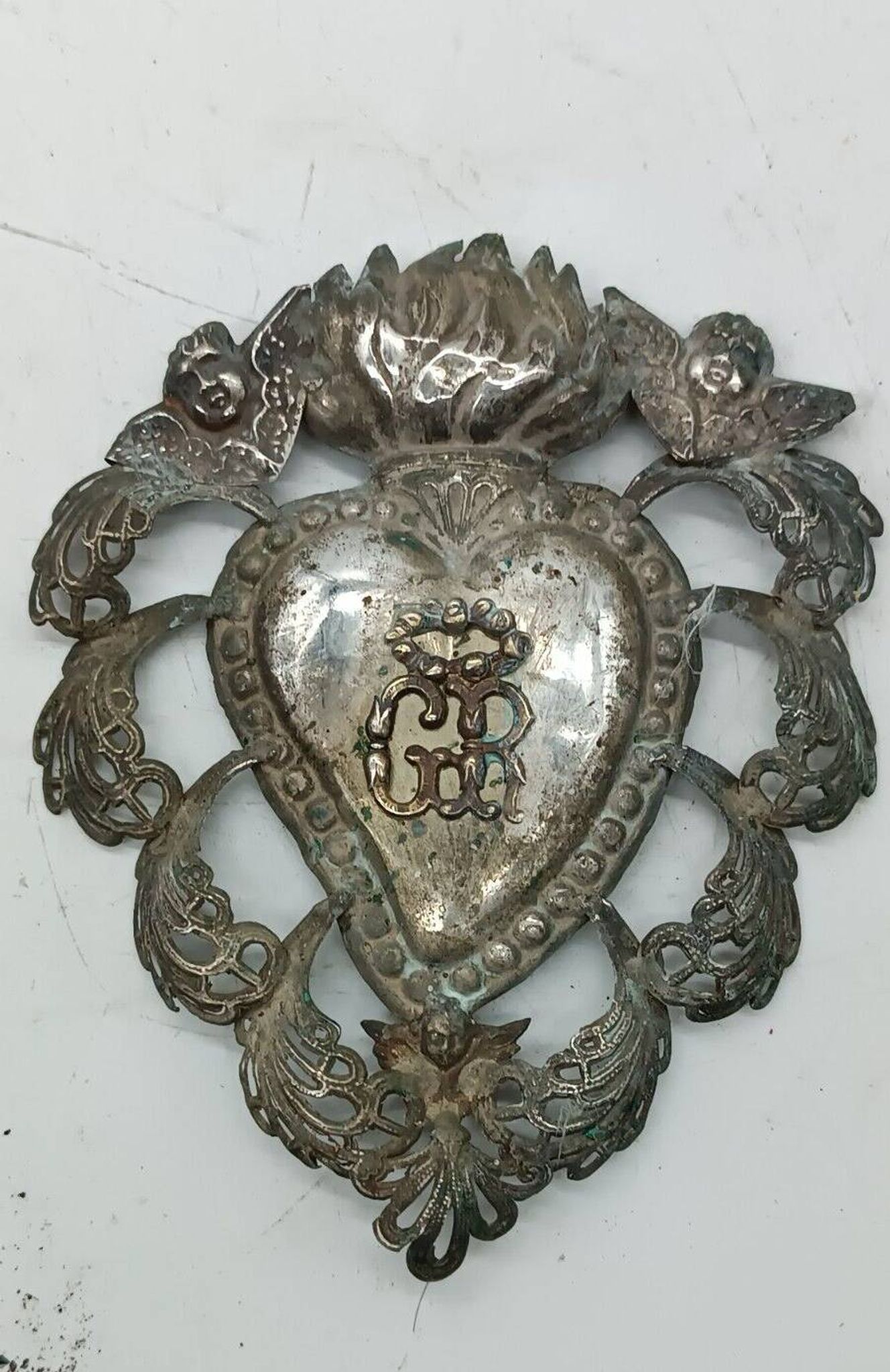 Grand ex voto coeur argent 15 cm antique italien grace reçu