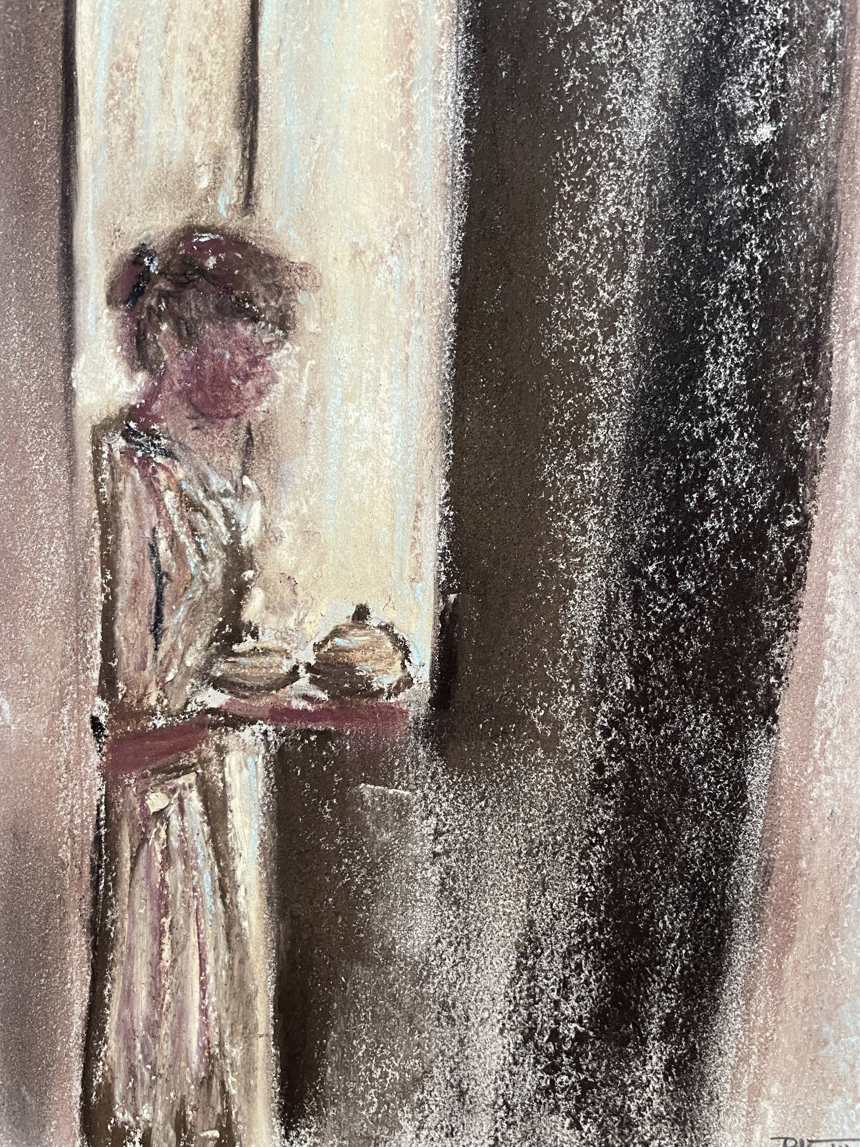 Signed pastel painting "Breakfast at Sunrise" approximately 30x21 cm on paper.