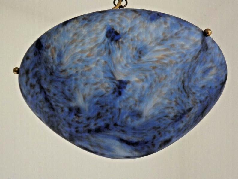 French Vintage Single Light Blue Art Glass Ceiling Light 3 Chains & Fitting