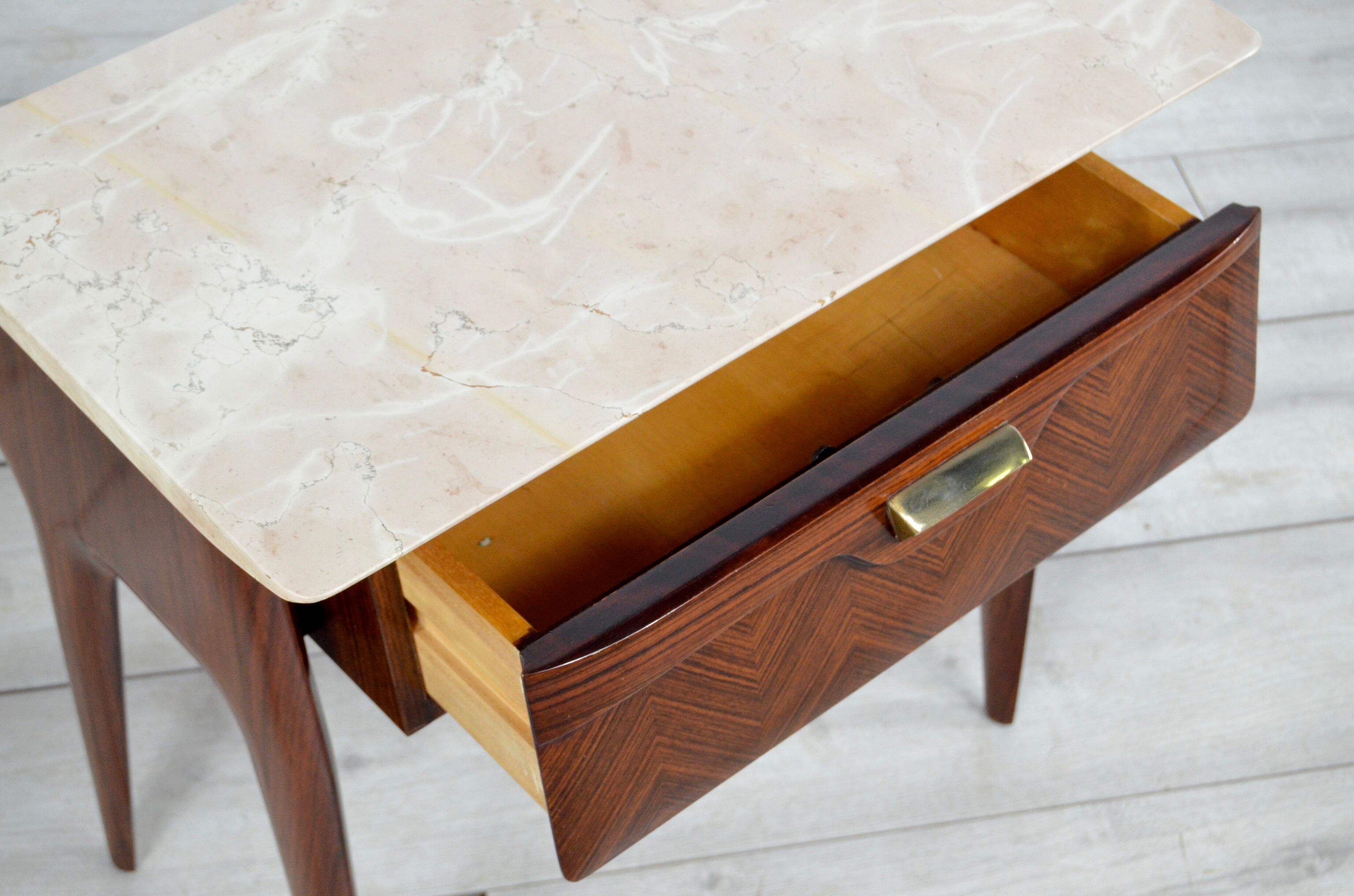 Set of 2 italian midcentury rosewood, carrara marble and brass bedside tables / cabinets. vintage