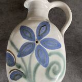 Vintage signed stoneware pitcher jug with floral painting decoration