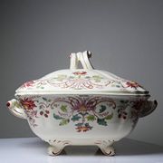 Antique Longchamp soup tureen/vegetable dish with polychrome daisies in ironstone.