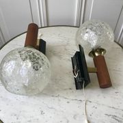 Pair of wall sconces balls in blown glass, metal and teak style 50s