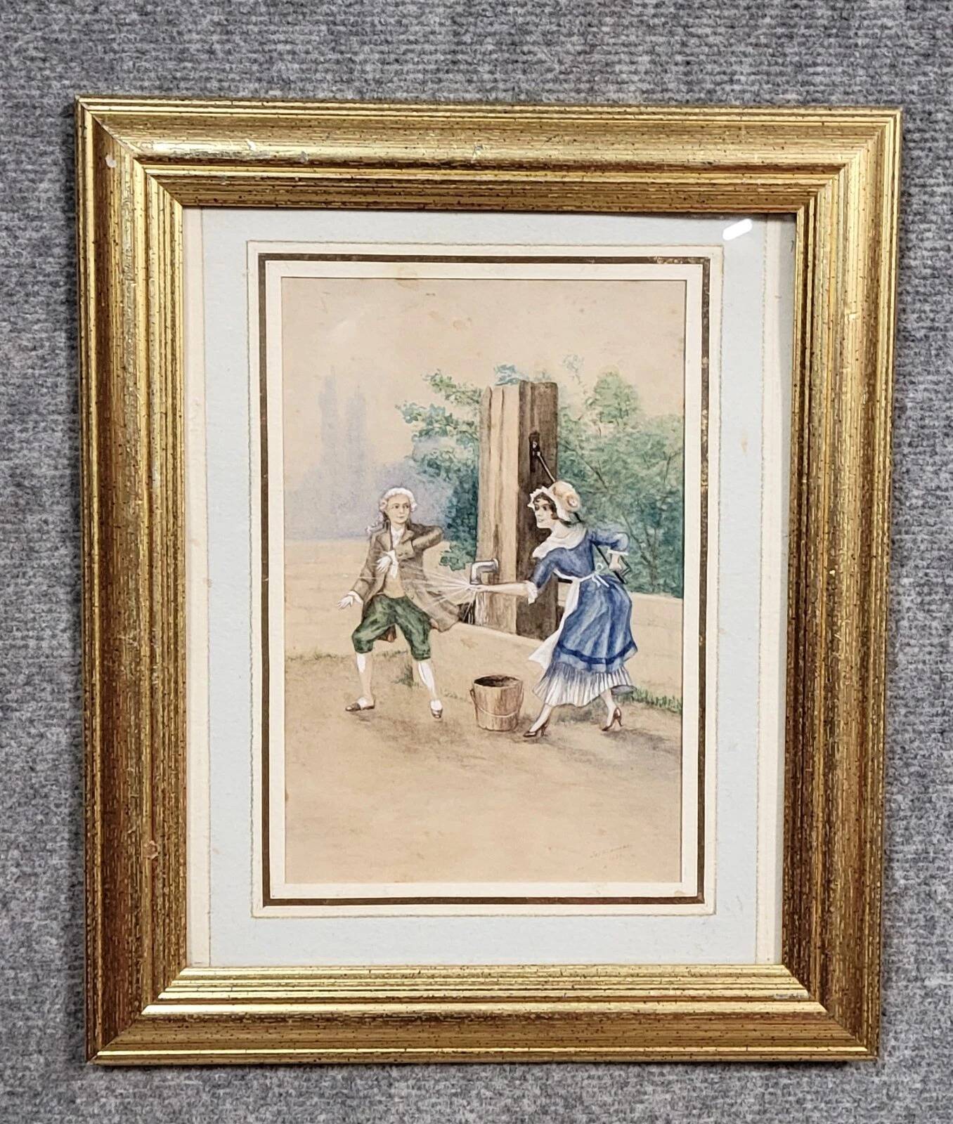 19th-century watercolor depicting a bucolic genre scene: a young woman