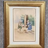 19th-century watercolor depicting a bucolic genre scene: a young woman