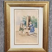 19th-century watercolor depicting a bucolic genre scene: a young woman