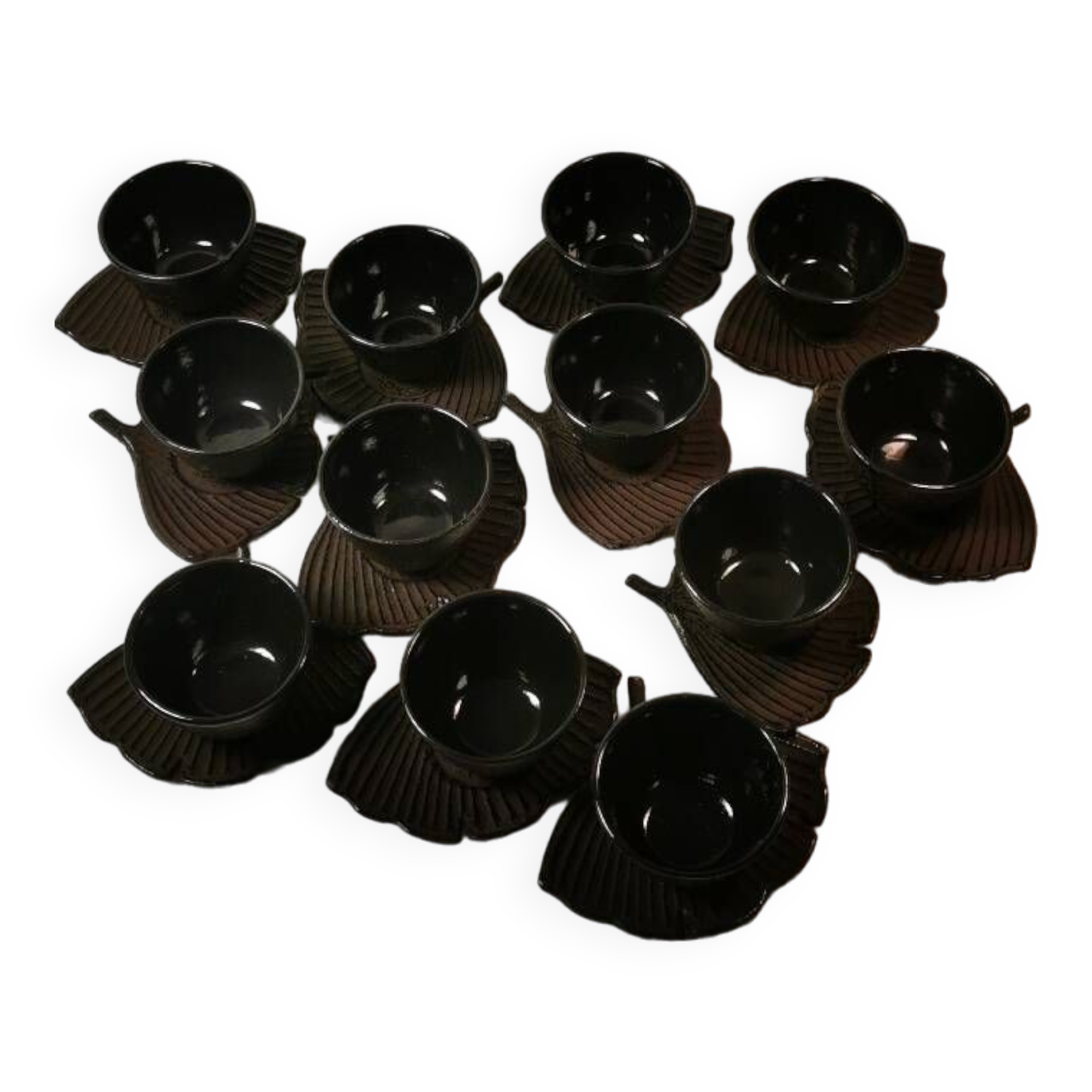 Set of 12 Asian Tea Cups and Saucers in Enameled Cast Iron