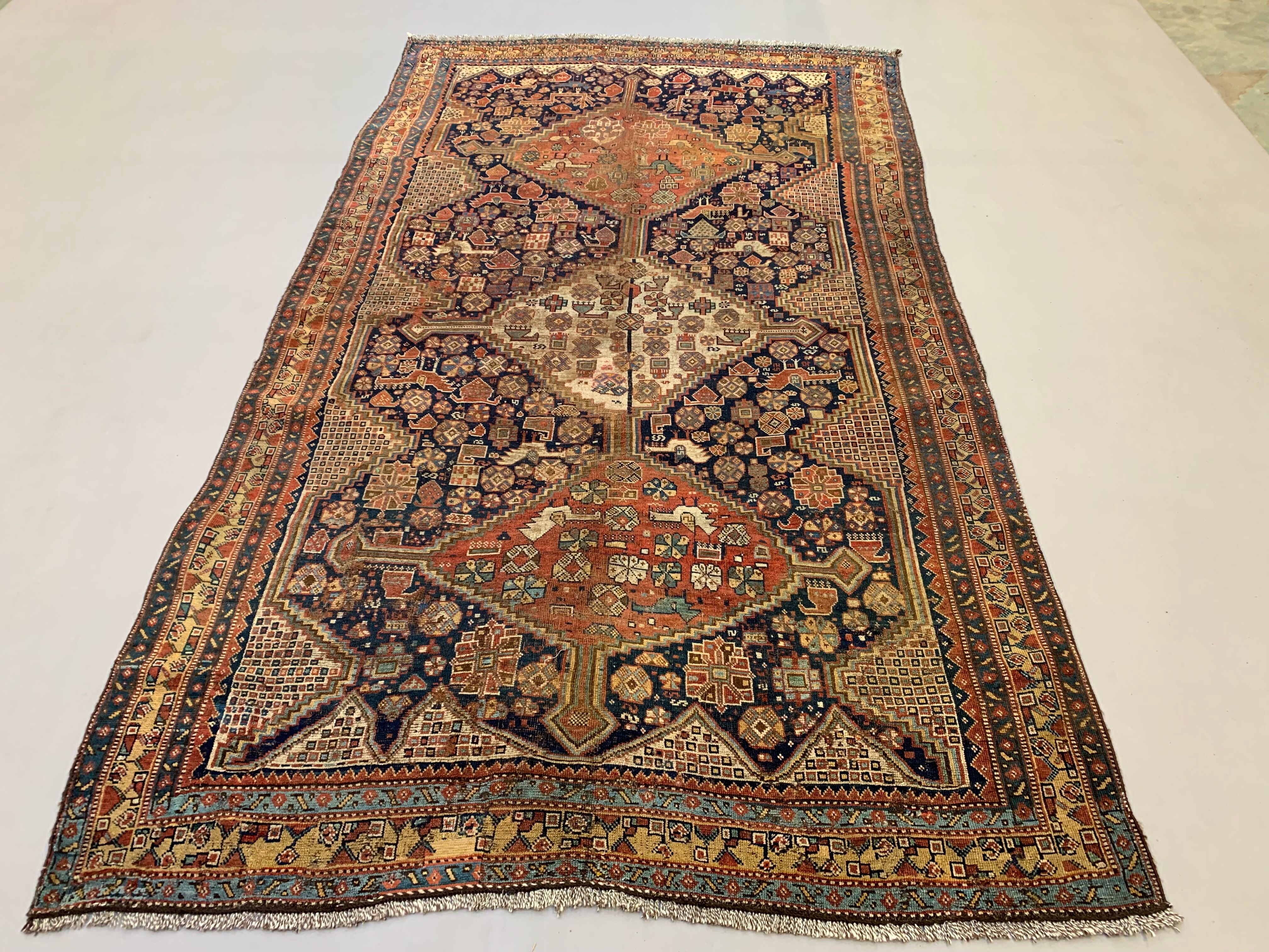Antique tribal qashqai rug 275x157 cm, medium, oriental carpet truly shabby chic