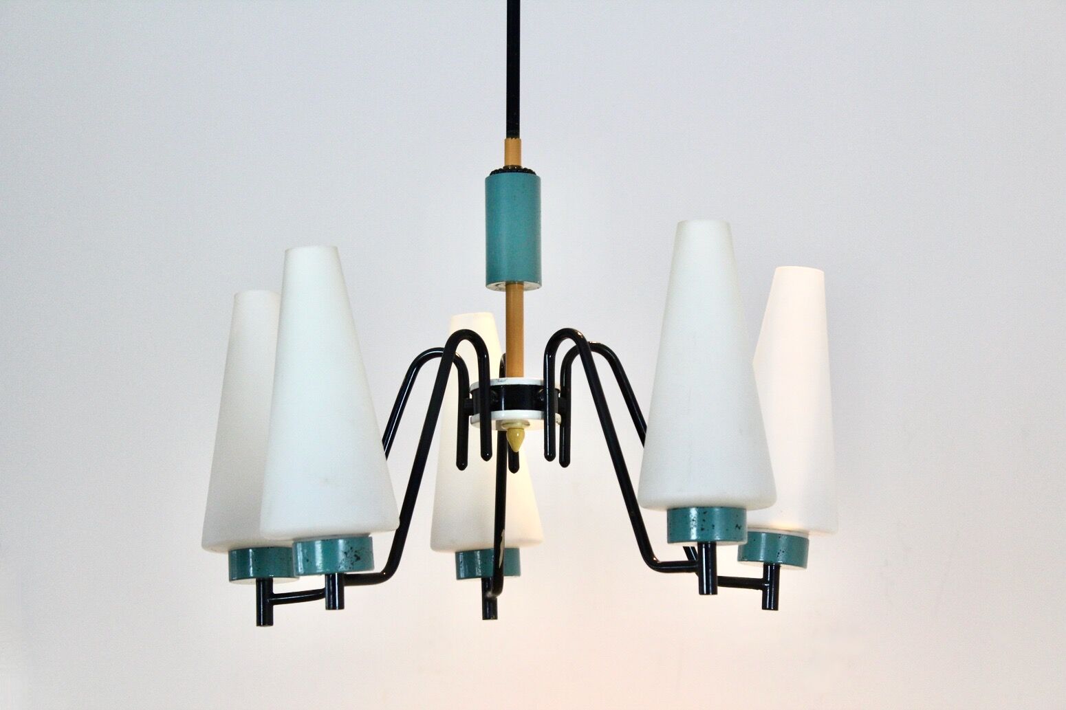 Dutch suspension lamp in wood steel and opaline glass