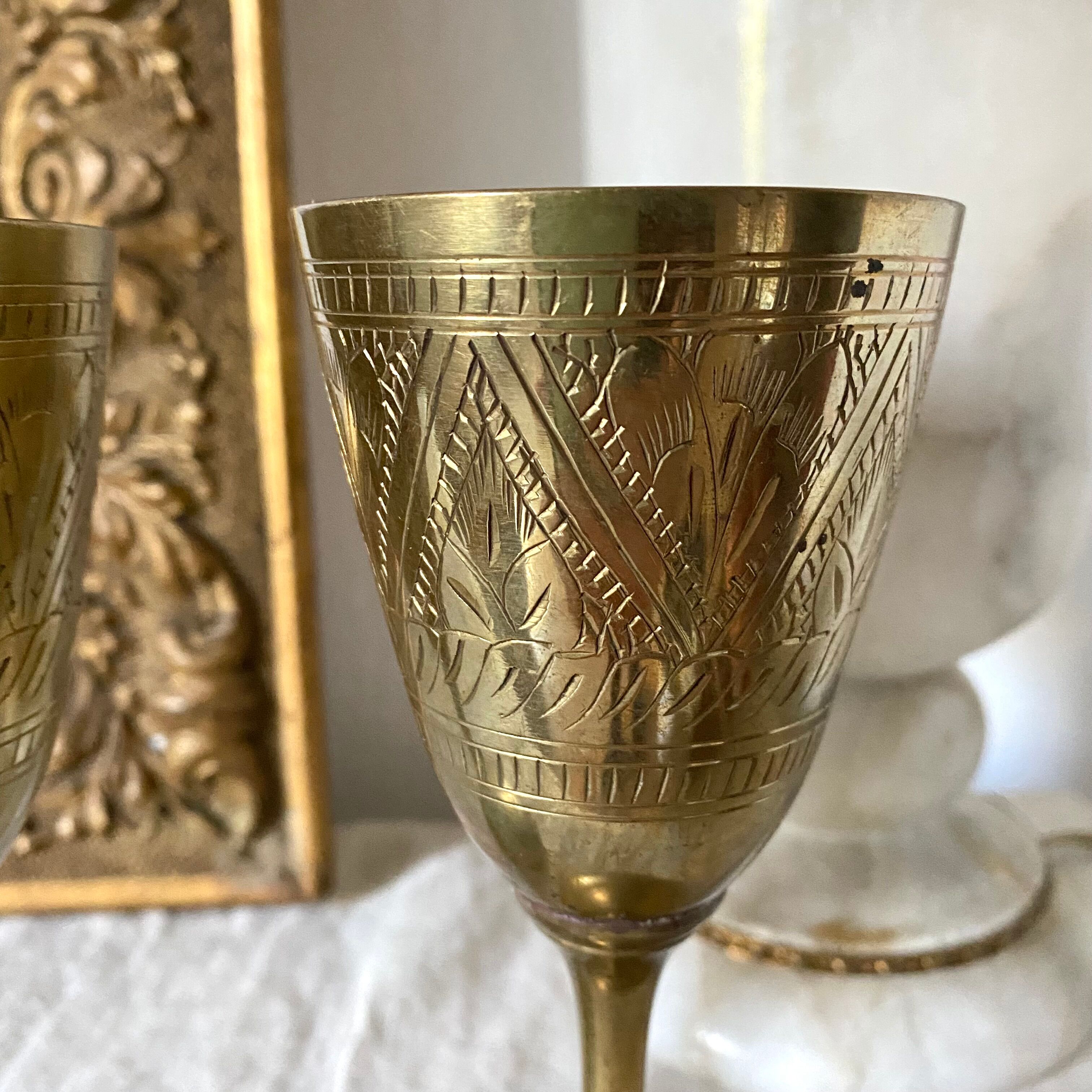 Chiseled Brass Chalice Wine Glasses