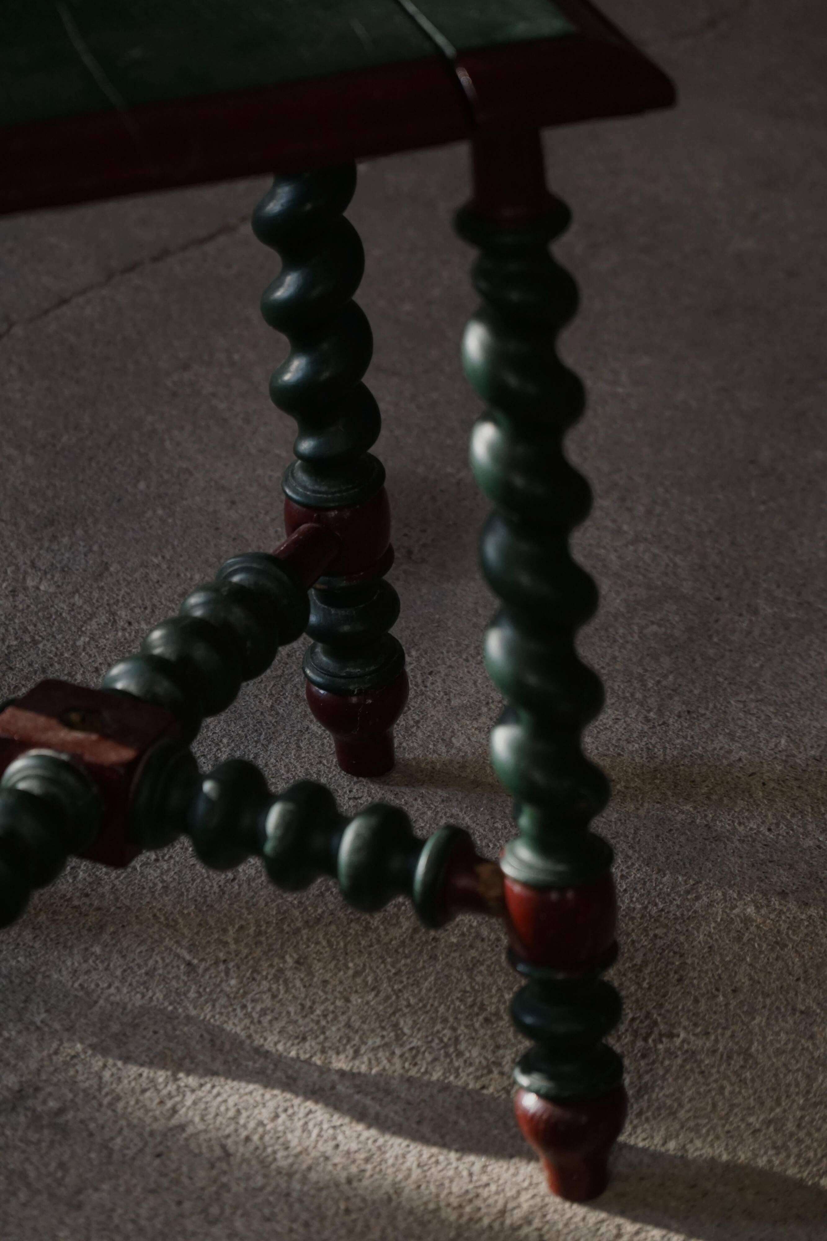 Vintage Scandinavian Stool Painted in Dark Green and Dark Red Wood, Folk Style, 1940s