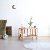 Vintage rectangular side coffee table in wood and rattan with magazine rack