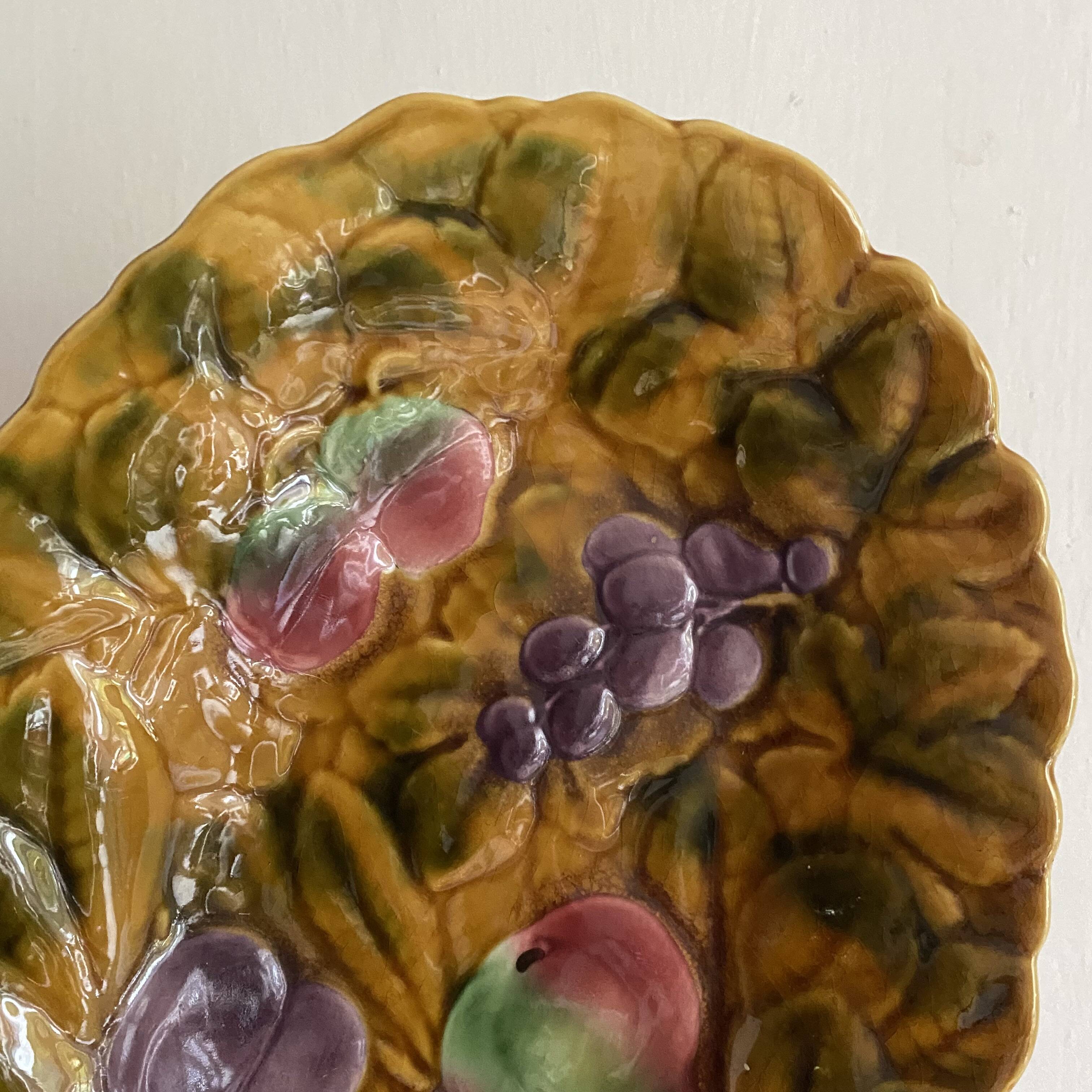 Sarreguemines barbotine oval dish with fruit decoration