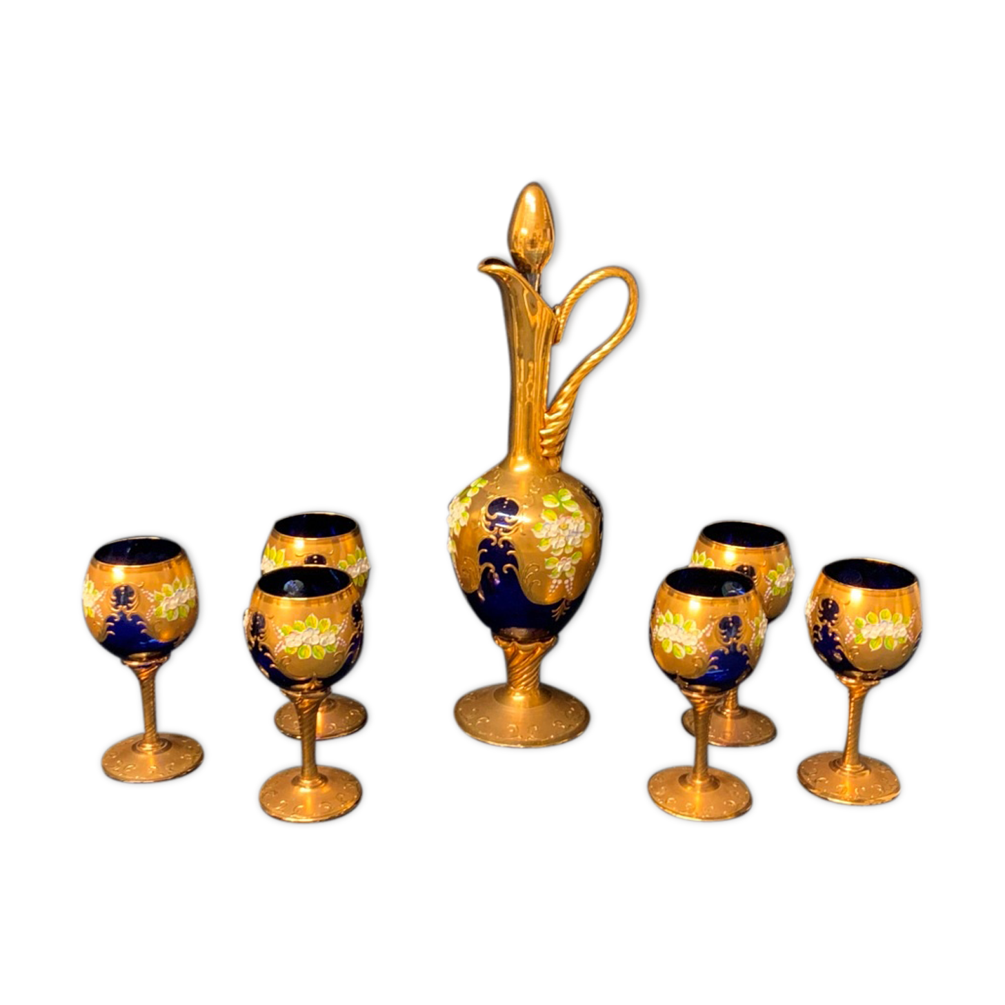 Murano glass decanter set with six wine glasses 24K Gold Leaf – Blue.