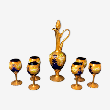 Carafe en verre de Murano réglée avec six verres à vin 24K Gold Leaf – Bleu.