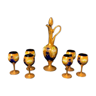 Carafe en verre de Murano réglée avec six verres à vin 24K Gold Leaf – Bleu.