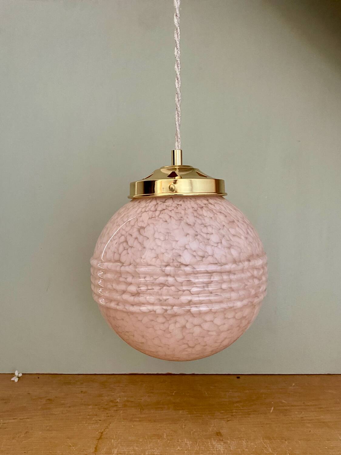 Vintage art deco globe pendant light in pale pink Clichy glass