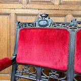 Large Japanese-style sofa in carved wood and red velvet, 19th century
