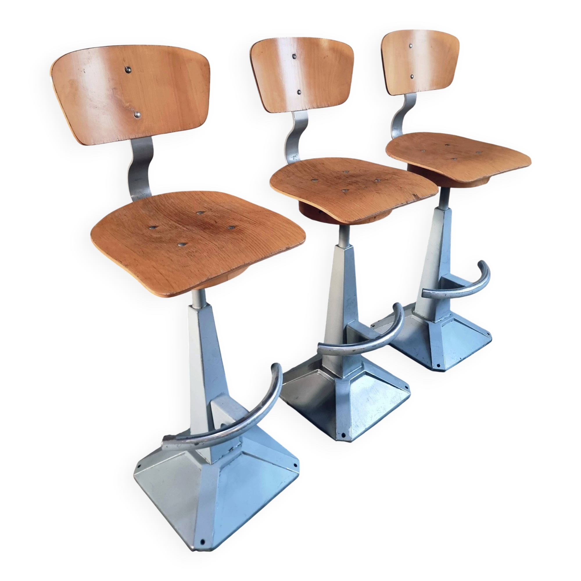 Set of 3 industrial swivel workshop chairs – fixed height bar stools – mid-century factory seats