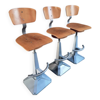 Set of 3 industrial swivel workshop chairs – fixed height bar stools – mid-century factory seats