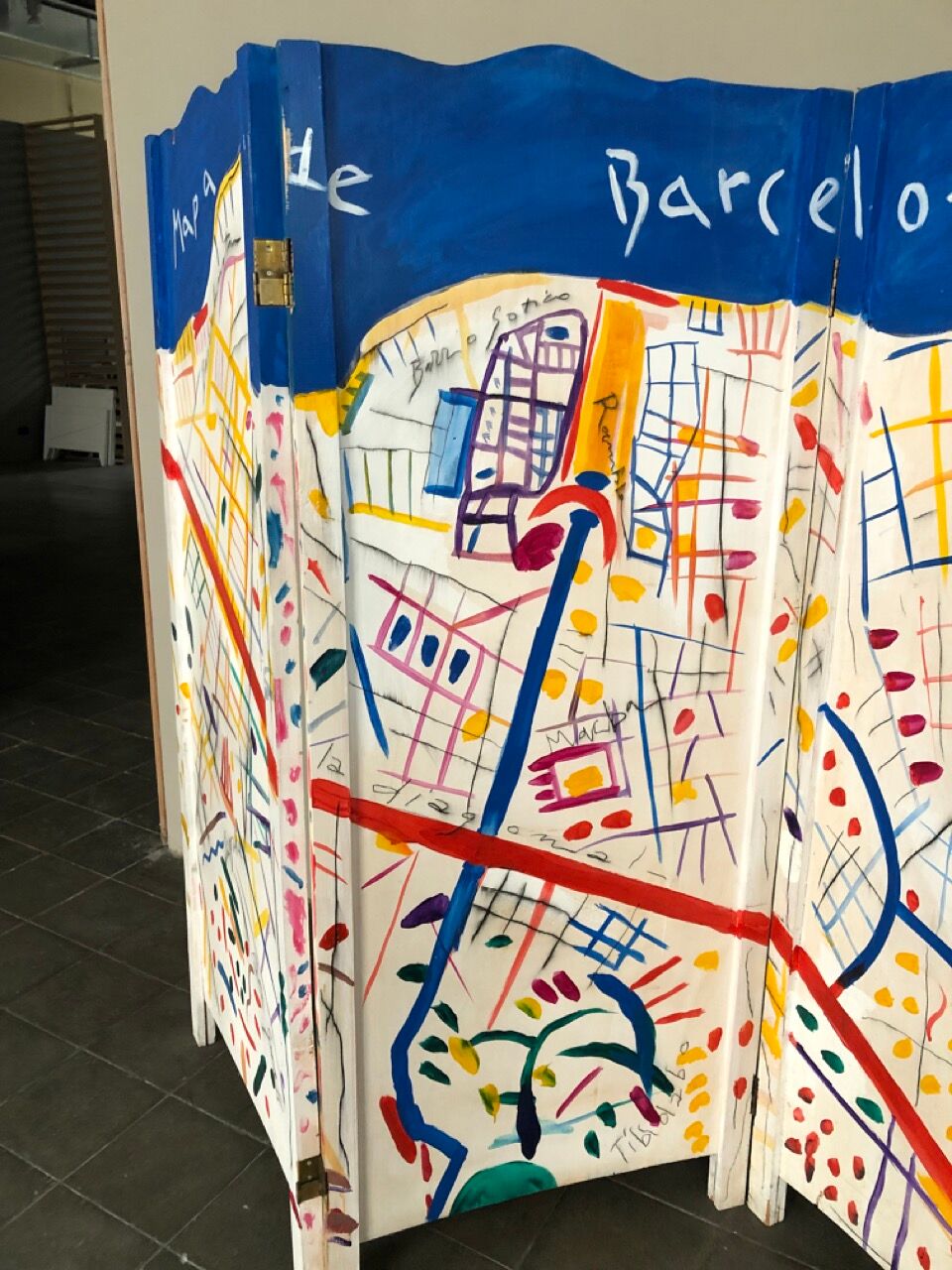Painted wooden screen with the map of Barcelona 210 W x 170 H
