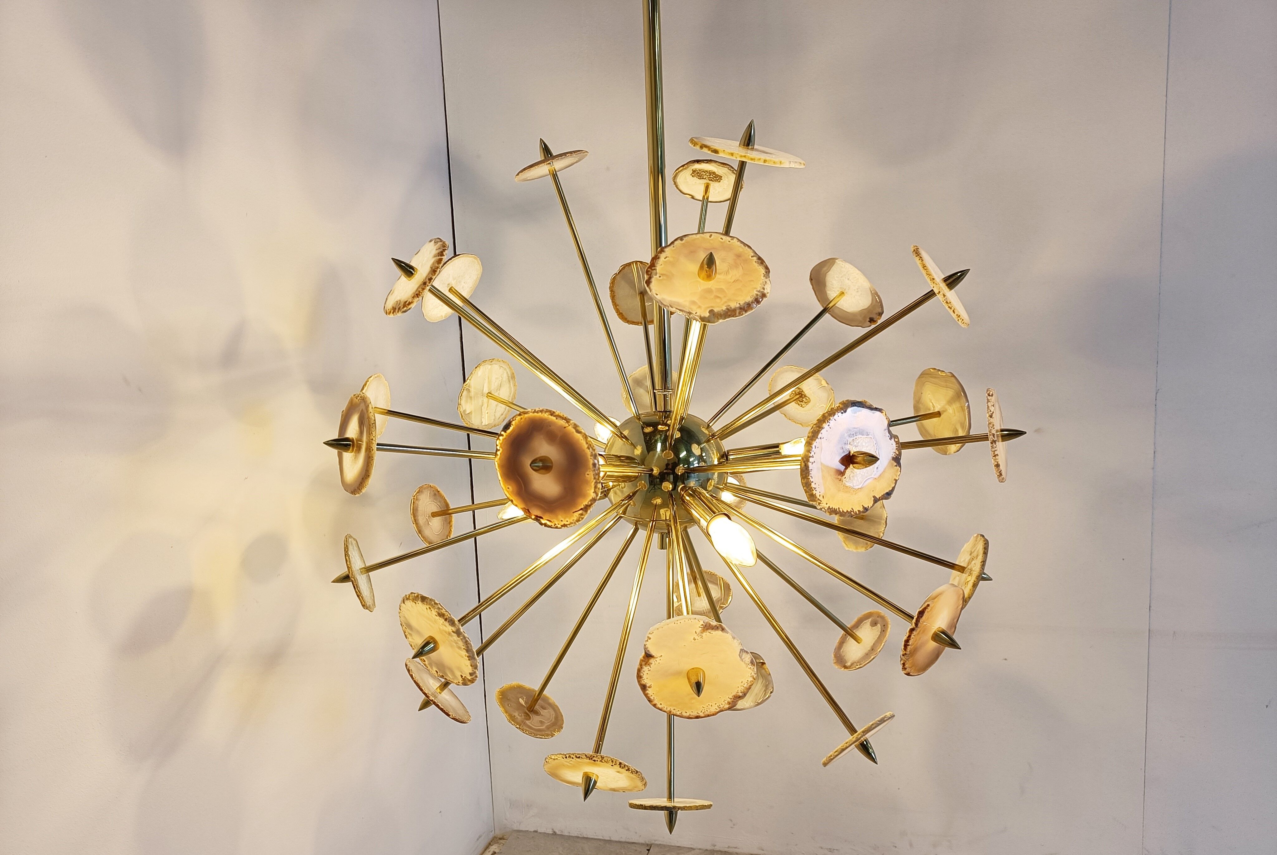 Brass and agate stone sputnik chandelier 1980s