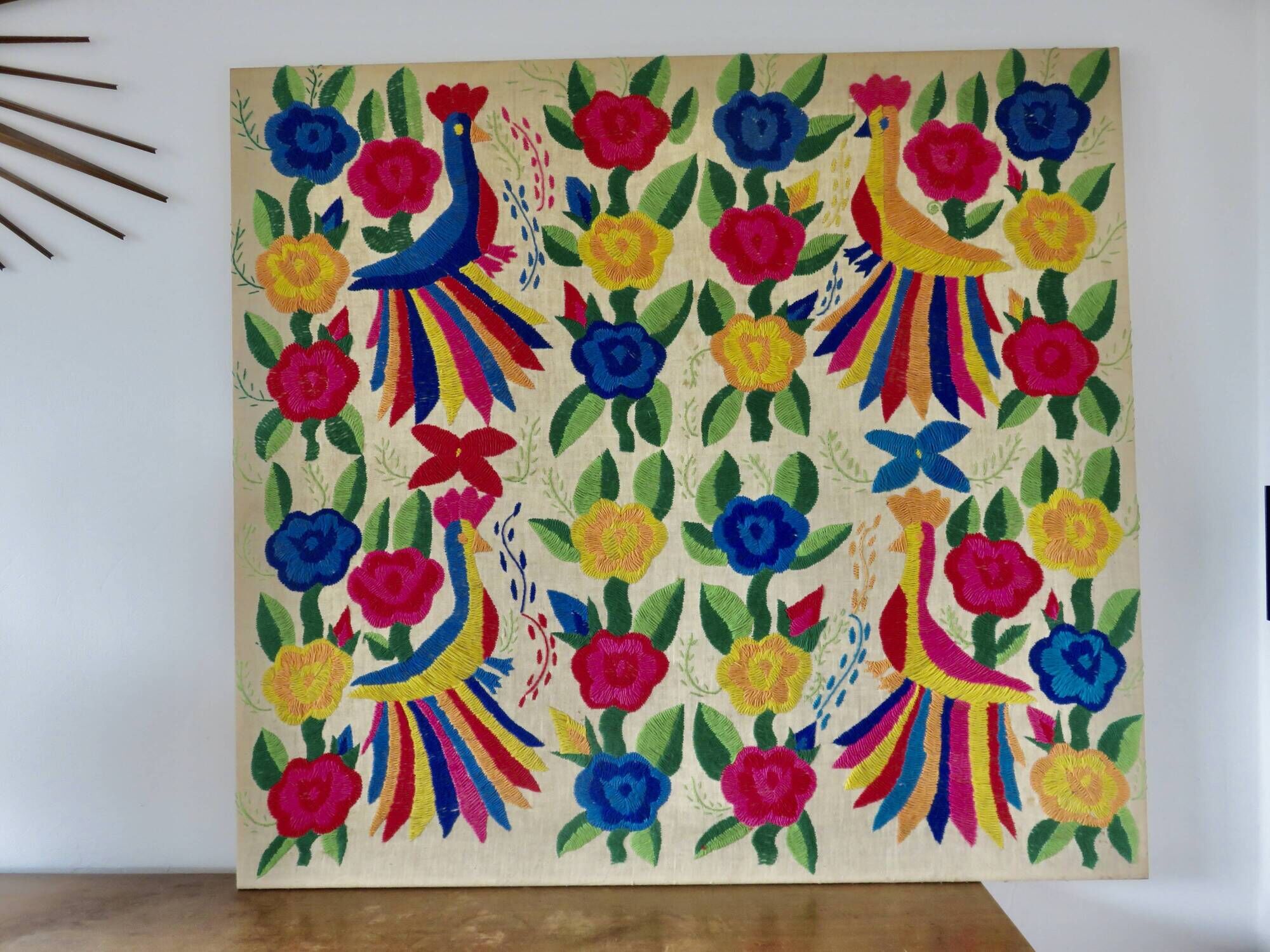 Large Mexican tapestry OTOMI TENANGO, colourful flowers and birds, 1970