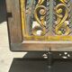 Rectangular Indonesian construction element with blue and yellow plant in carved wood