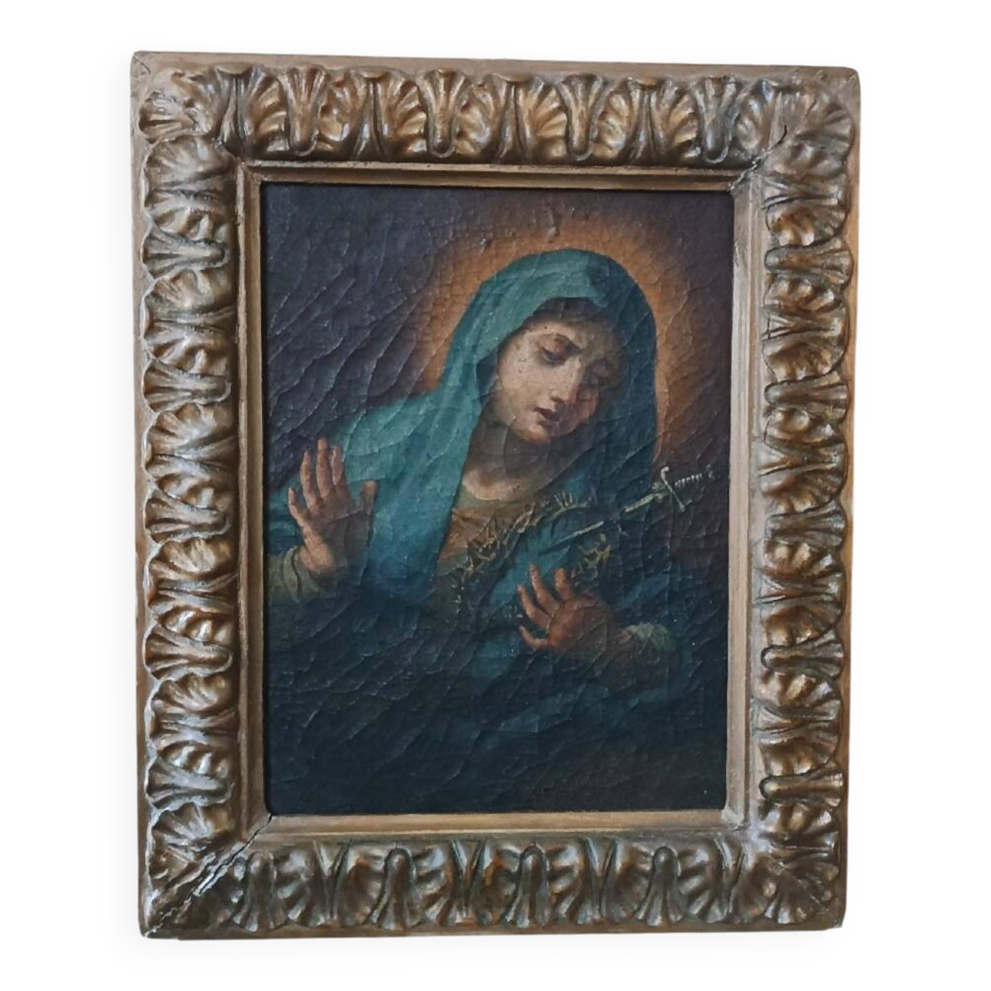 Old oil painting on canvas "Our Lady of Sorrows"